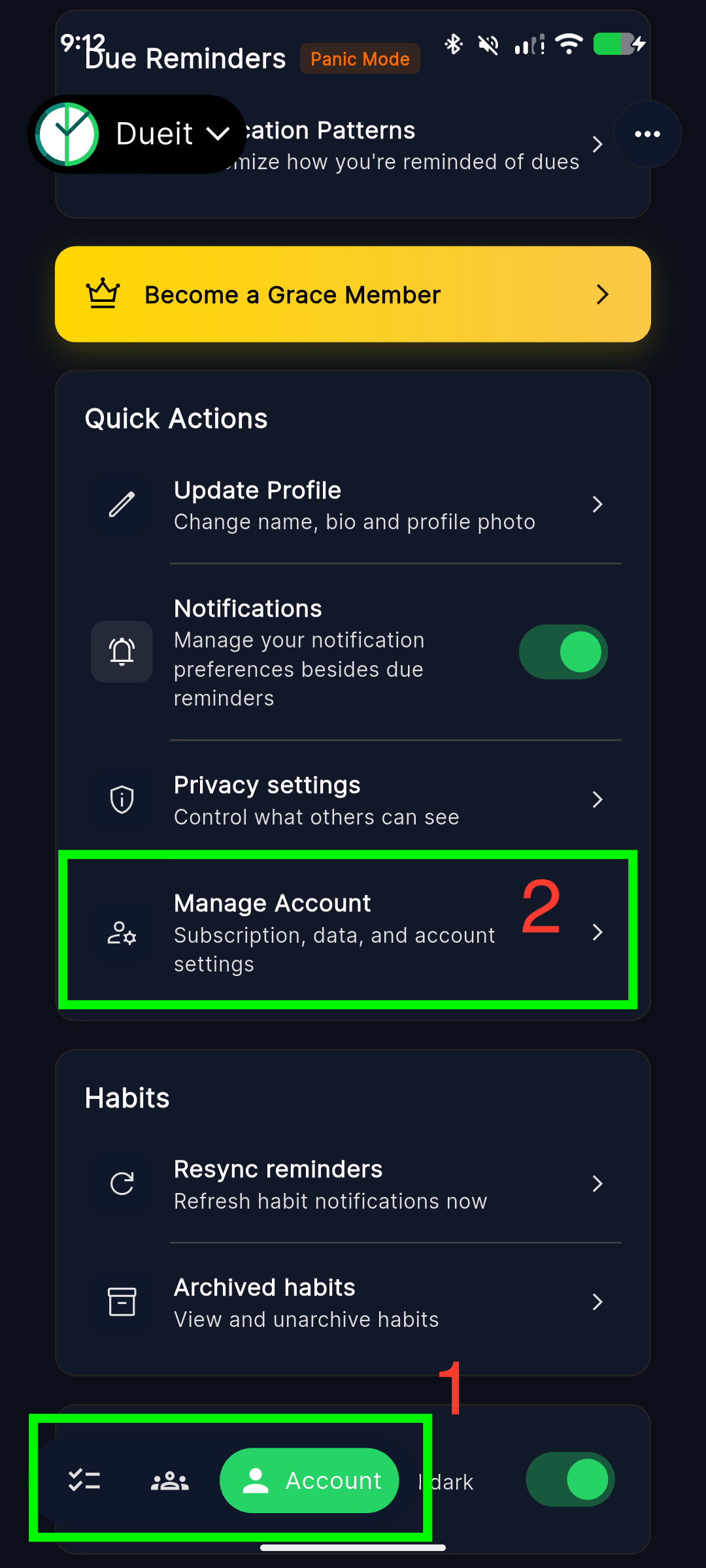 Account tab showing Manage Account option