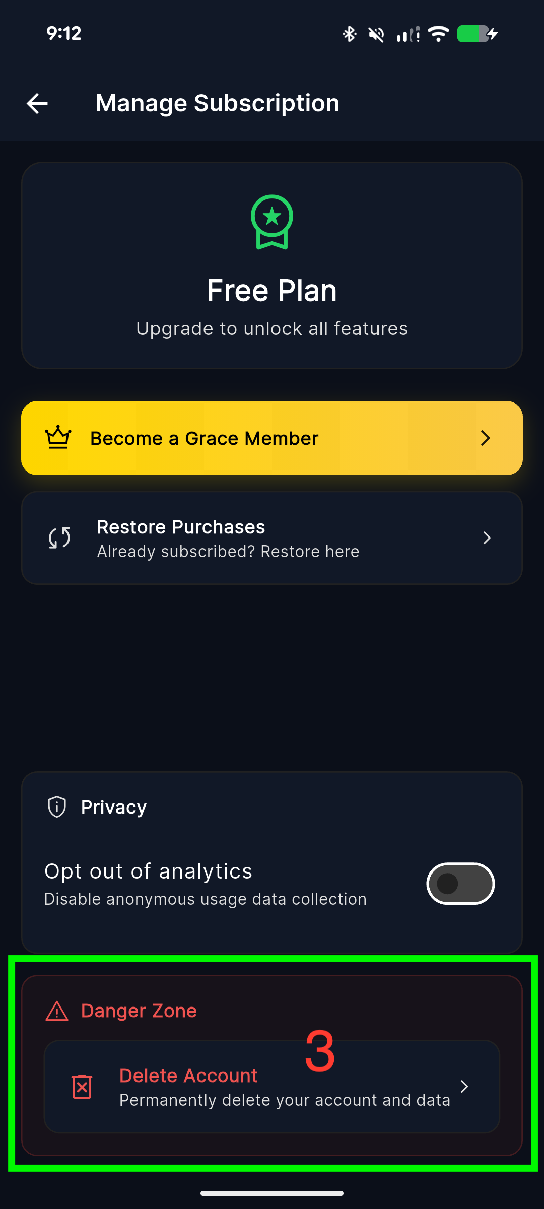 Manage Subscription page showing Delete Account in Danger Zone