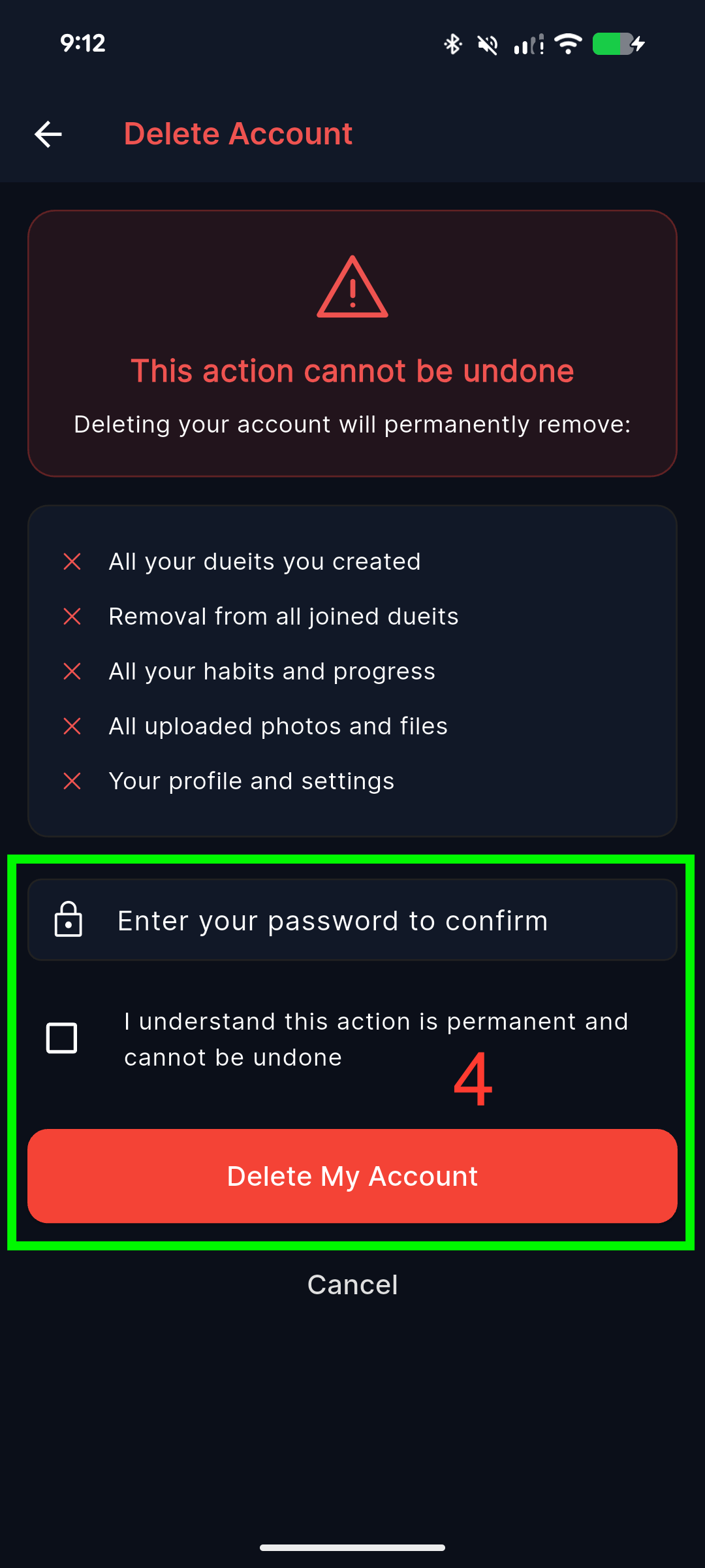 Delete Account confirmation page